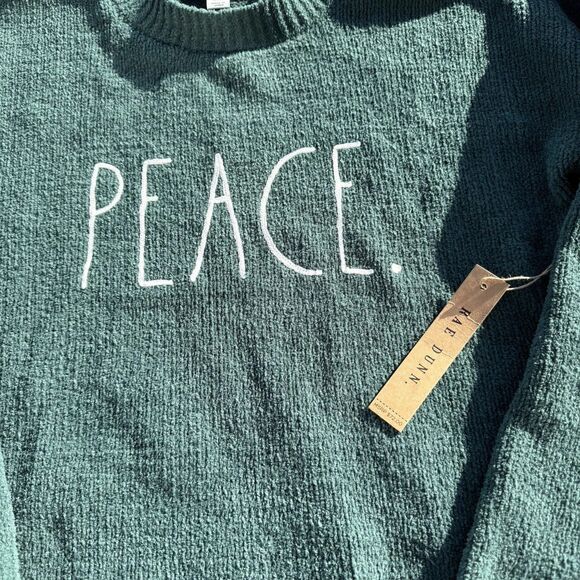 Rae Dunn PEACE green Raglan Sweater blouson Sleeve Cozy Holiday NWT $78 Small - Picture 2 of 7